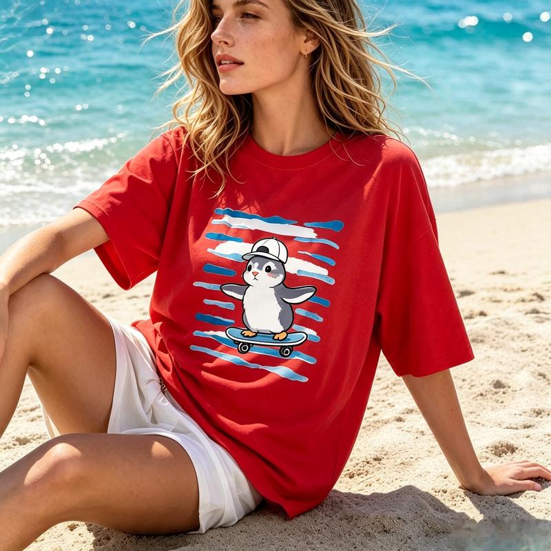 Trendy Skate Penguin Ocean Stripes Watercolor Art T Shirt Navy Premium Cotton Short Sleeve Sea Animal Beach Travel Souvenir Tee