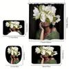 Black Flower Set , African American Vintage, Waterproof Curtain, 12 Hooks, Home Decor