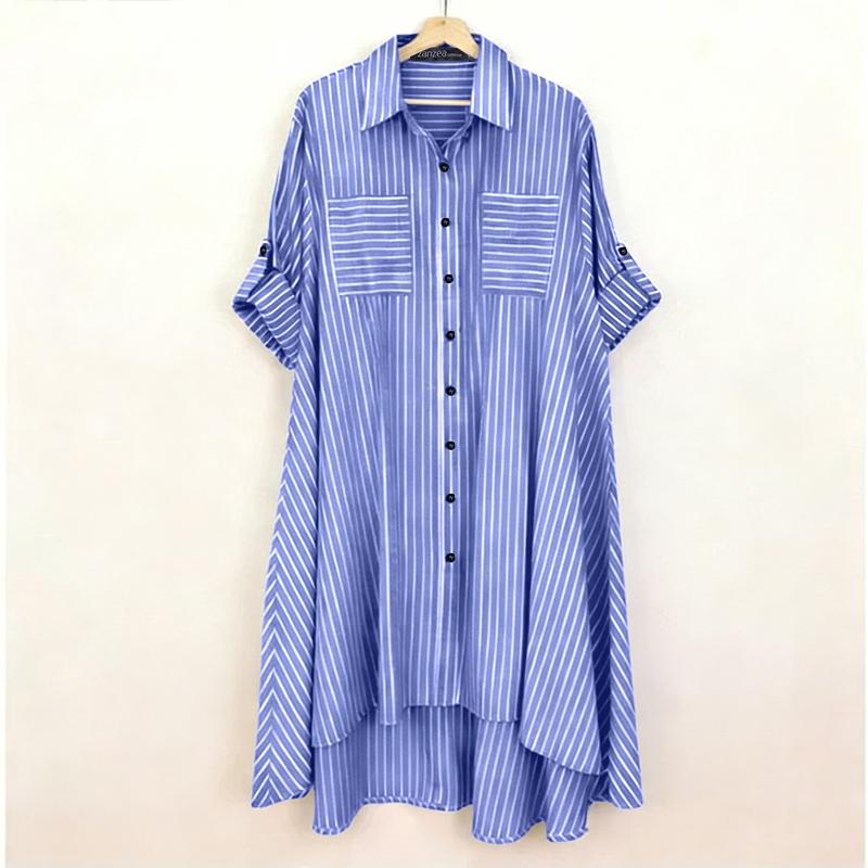 ZANZEA Women Casual Adjustable Long Sleeve Loose Lapel Collar Stripe Shirt Dress