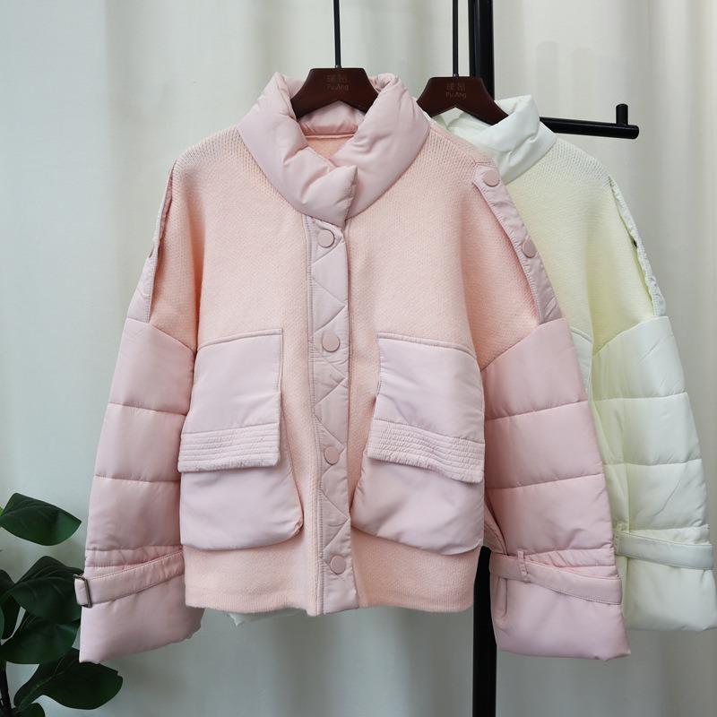 Autumn and winter new splicing cotton clothes knitted cardigan thickened loose temperament design sense stand-up neck sweater jacket women