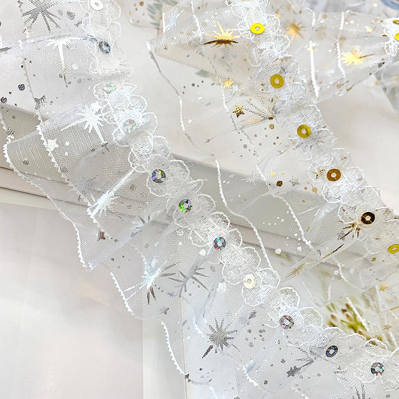 1Roll Handmade Gift Wrapping Lace DIY Pleated Delicate Double Layered Clothing Embellishment Organza Shine Sequined 4.5CM