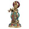 Lord Krishna Idol With Flute, Vibrant Stone Decoration Statue, Multicolor, Brass