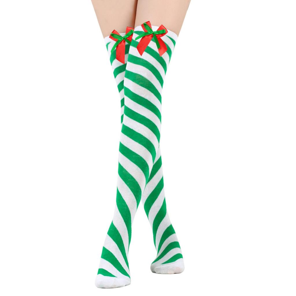 Women's Bowknot Christmas Stockings With Pom-poms Stripes Pattern Knee-high Over-the-knee Socks