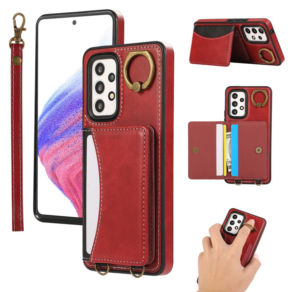 For Samsung Galaxy A53 5G PU Leather Back Case Card Holder Kickstand Phone Cover with Wrist Strap