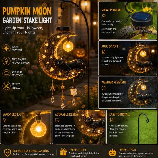 Waterproof Solar Powered Path Light Halloween Hanging Moon Cat Lamp with Ghost Star Charm, Black On Crescent Whimsical Sculpture for Garden Wind Chime