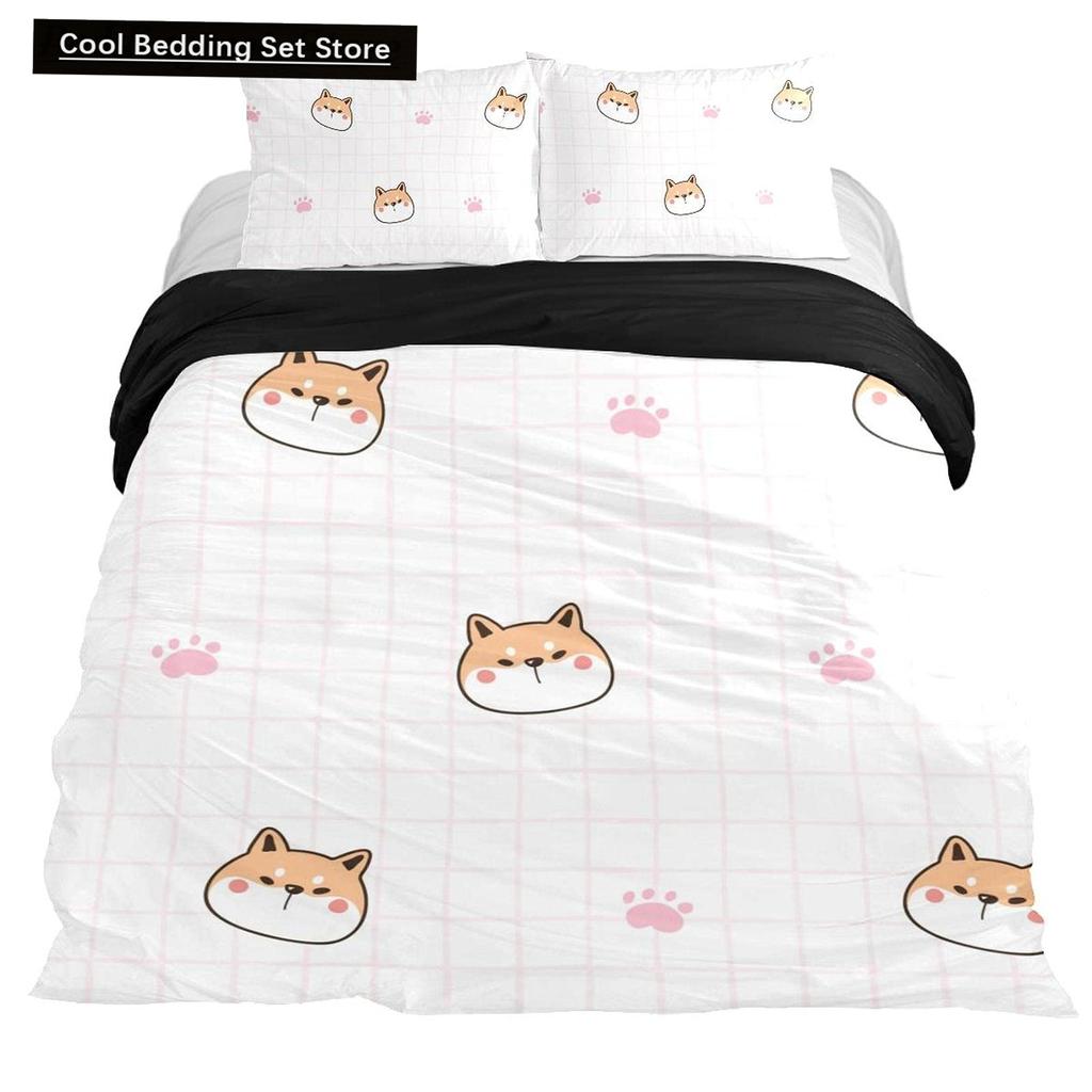 Cartoon Shiba Inu King Queen Bedding Set Yellow Pet Puppy Duvet Cover Cherry Blossoms Tree Quilt Cover Polyester Comforter Cover