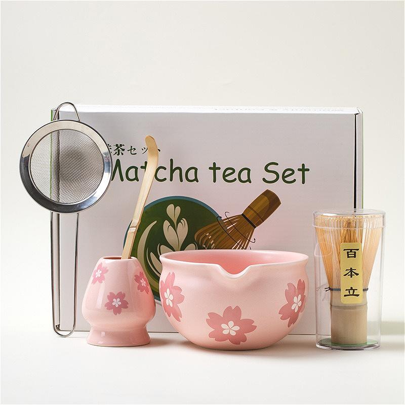 

Matcha Set 5pc Japanese Matcha Whisk Set with Tea Canister Matcha Bowl 100-Prong Whisk Tea Scoop Brush Cherry Blossom Gift Box Five-piece Set