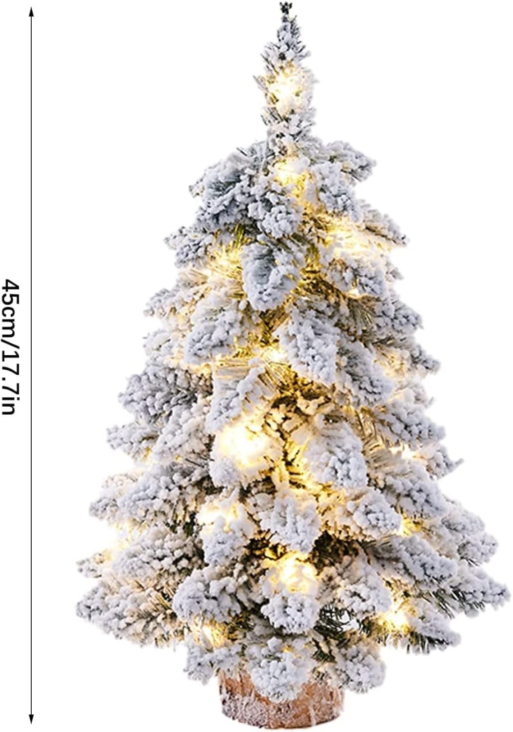 

18-Inch White Snowflake LED Lighted Artificial Christmas Tree with Wooden Base, 45 cm PVC Mini Pine Tree, Battery Operated 3 AA 0.6M