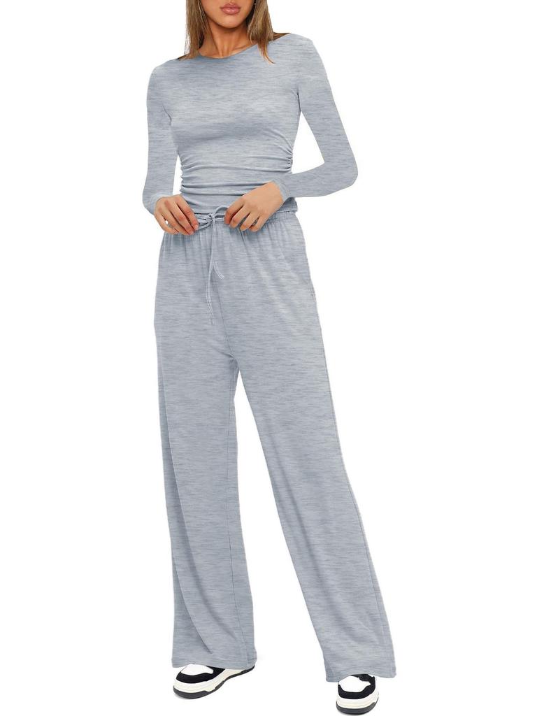 Kardashian Style Comfy Wide-Leg Tie-Up Set with Long Sleeves