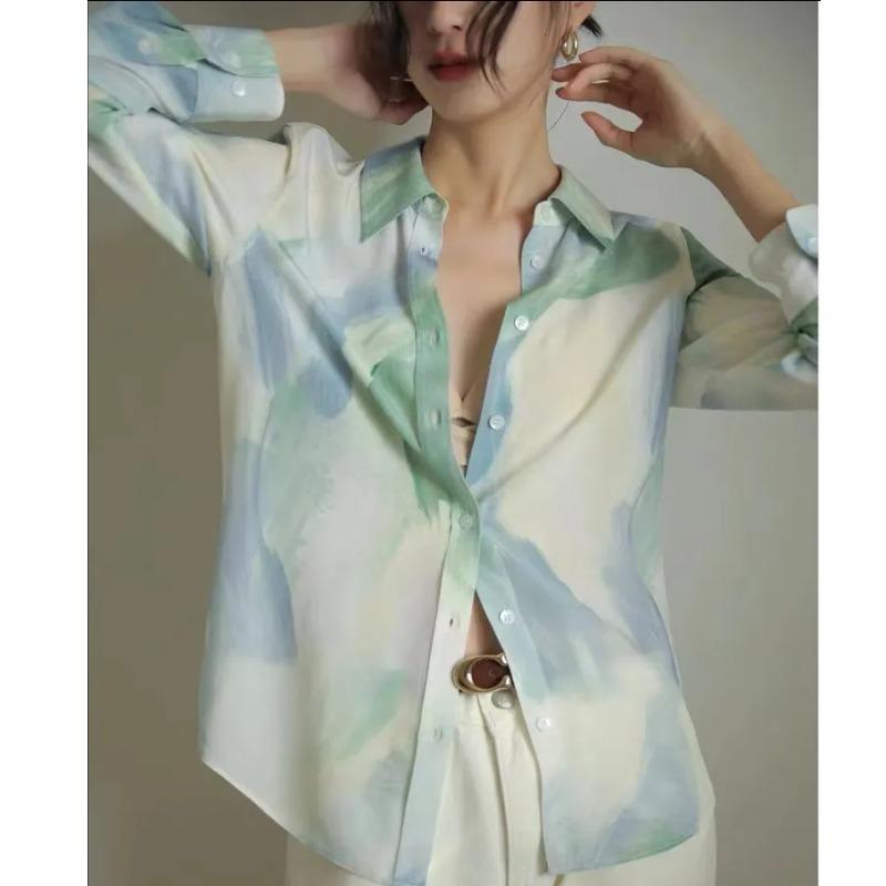 Elegant Watercolor Print Long Sleeve Button Up Shirt For Women