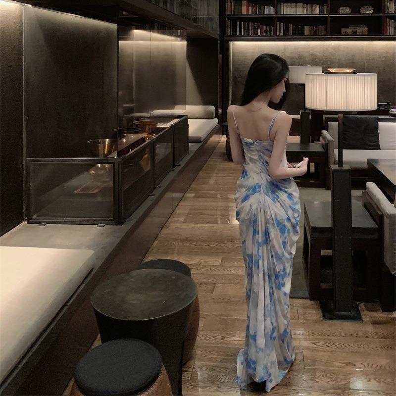 Seaside Photo Printed Long Dress Feeling Slim and Long Vacation Tube Top Suspender Dress Summer