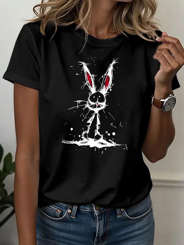Summer Cartoon Cute Rabbit Printed Women's Short Sleeved T-Shirt Fashion Casual Oversize Tees Elegant Round Neck Woman Clothes