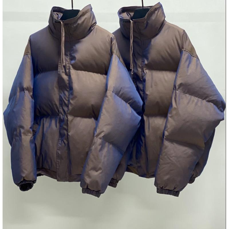 High Street Stand Collar Cotton Puffer Jacket Couples Loose Fit Winter Warm Thick Coat Solid Color Casual Outerwear