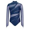 Leotardo de patinaje artístico para niñas Cuello alto Manga larga Espalda descubierta Parche de malla Patchwork Brillante Pedrería Bodis