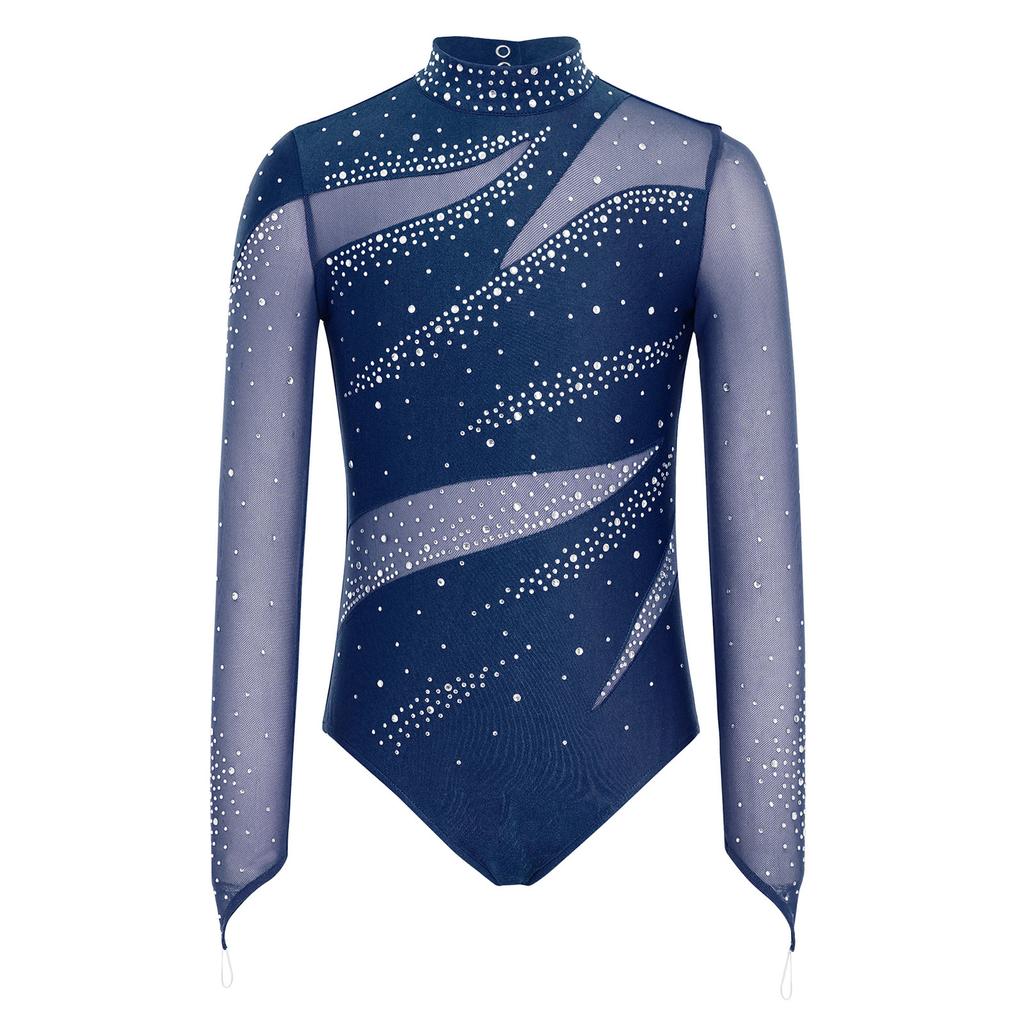 Leotardo de patinaje artístico para niñas Cuello alto Manga larga Espalda descubierta Parche de malla Patchwork Brillante Pedrería Bodis