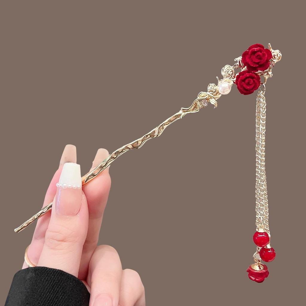 Elegant Red Rose Tassel Hairpin - U-shaped Hair Accessory for Women, Perfect for Updos and Traditional Attire.