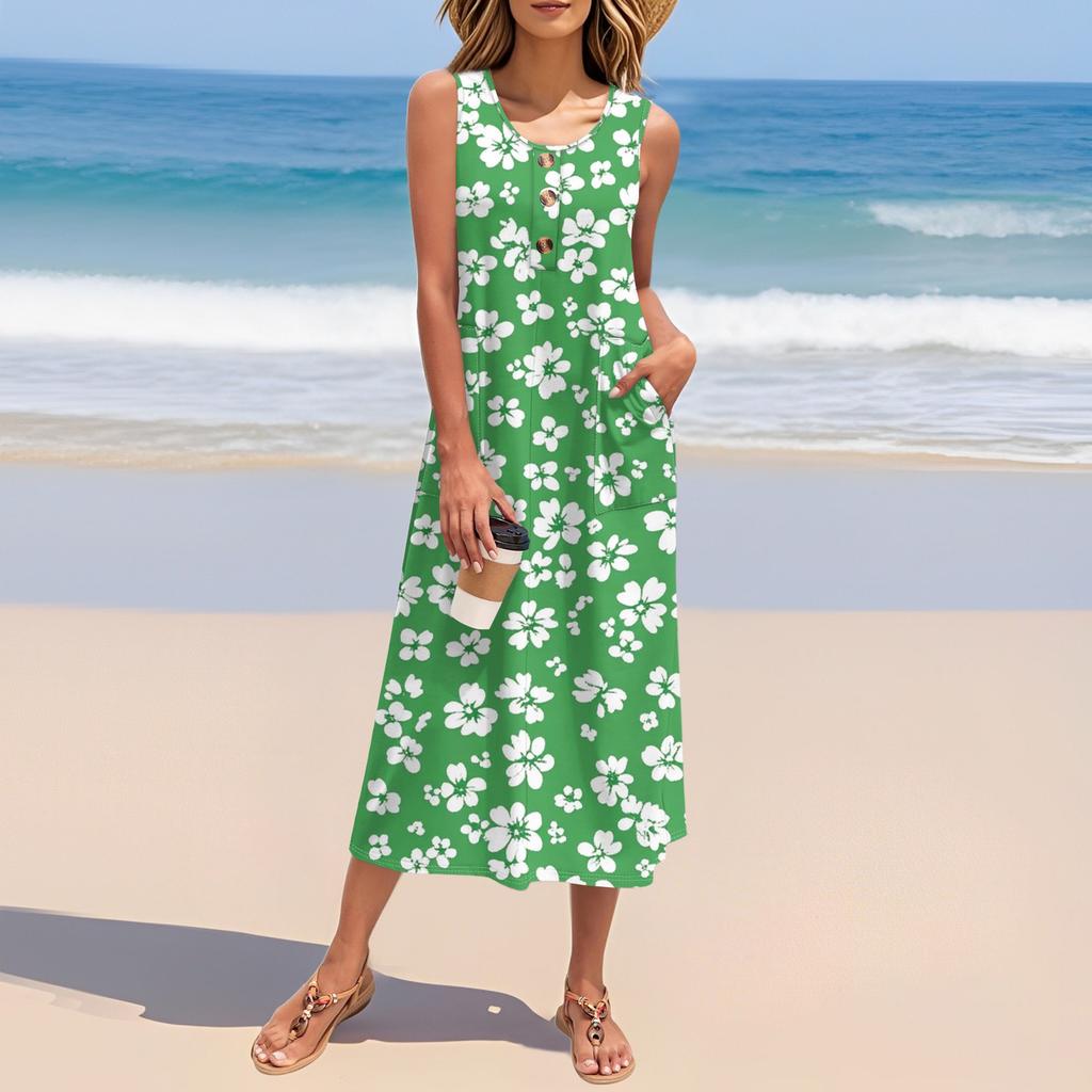 Women's Summer Vintage Floral Patchwork Print Dress Sleeveless Button Down Casual Loose Long Beach Sundress