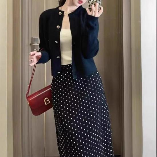 Korean High-End Black Polka Dot A-line Skirt for Women - Autumn/Winter, High-Waisted, Slimming, Versatile, Hip-Hugging, Drape Loose Fit.