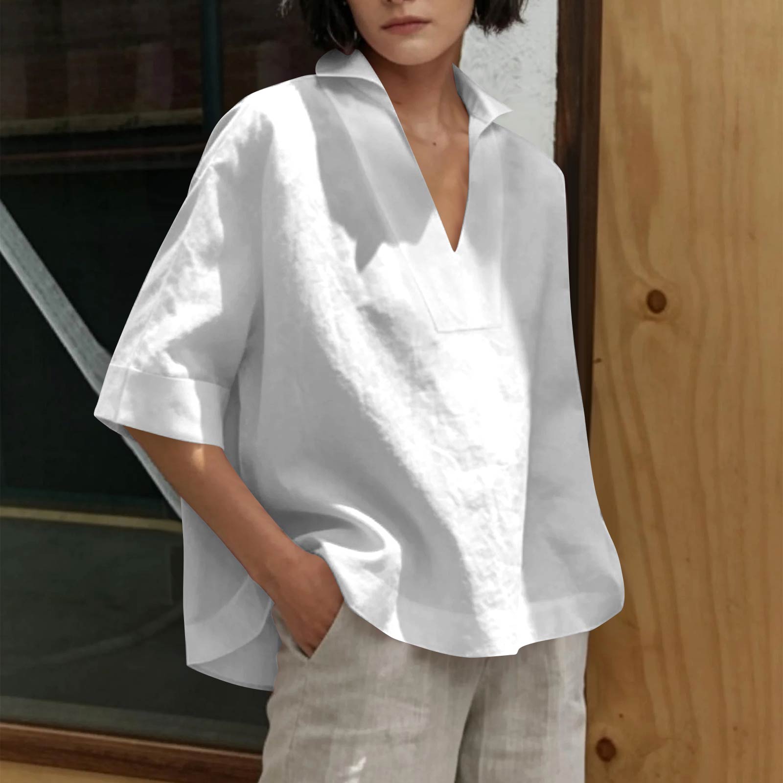 

Women s Fashionable Casual Loose Fit Comfortable V Neck Shirt Versatile Three Quarter Sleeve Plus Size Top L білий