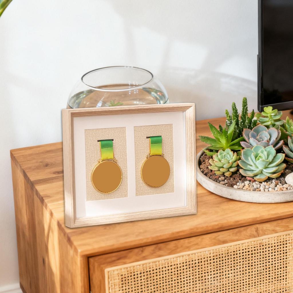 Double Medals Display Case Box Gifts Tabletop Decor Collectible Photo Frame Wood for Patches Runners