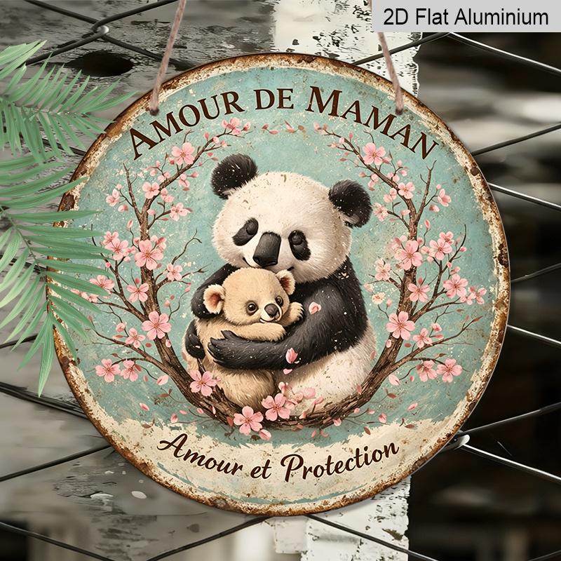 

2D Flat, 1pc Round Aluminum Hanging Sign - Amour de Maman French Quote Panda & Baby Bear Metal Wall Art, Vintage Cherry Blossom Design-Maternal 7.87x7.87in