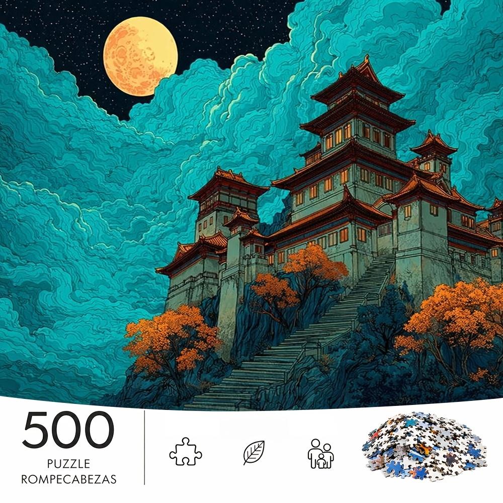 500pcs Advanced Jigsaw Puzzle Suitable for - Golden Branches of Ancient Tower Moonlit Cloud Summit Challenge, Portable Brain with Rectangular Pieces f
