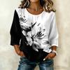 Women's Casual Floral Print Round Neck Three Quarter Sleeve Linen Cotton Blouse Lightweight Loose Fit Top for Everyday Wear