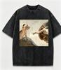 Distressed Black Washed Tee, The Creation of Adam Cat Meme Art Print Casual Streetwear Shirt