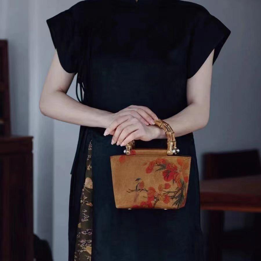 IELGY original design fragrant cloud yarn bamboo cheongsam handbag, new Chinese style retro Hanfu bamboo handle handbag
