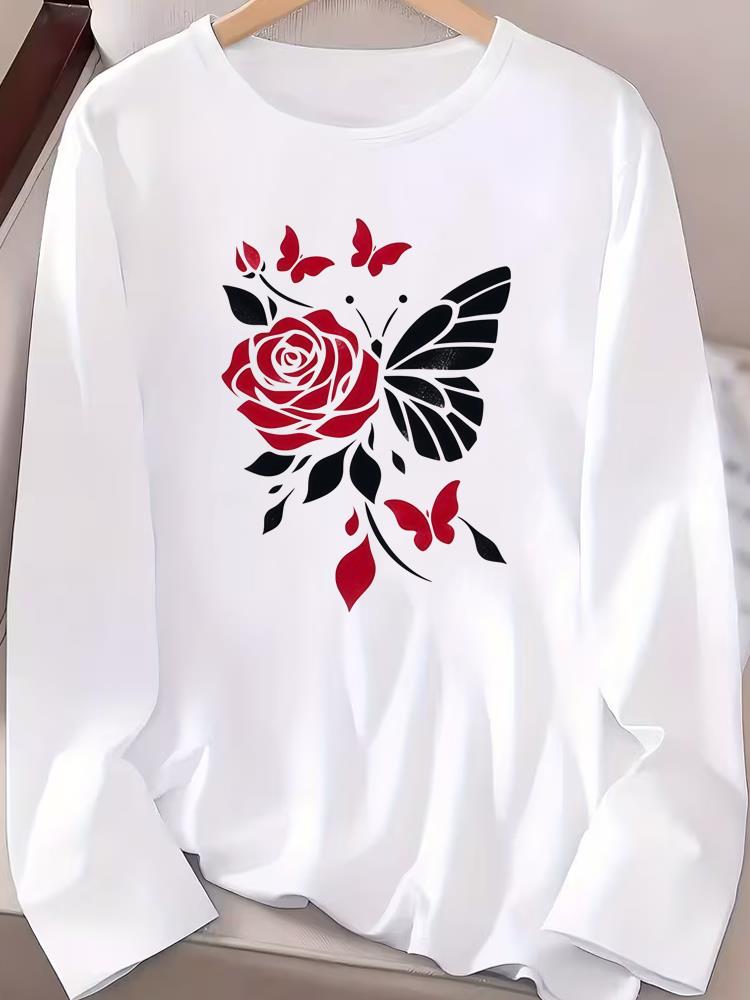 (Asian Size) Trend Butterfly Cute Tee Print T Shirt Women Clothing Autumn Winter Spring Casual Fashion Top O-neck Graphic Long Sleeve T-shirts