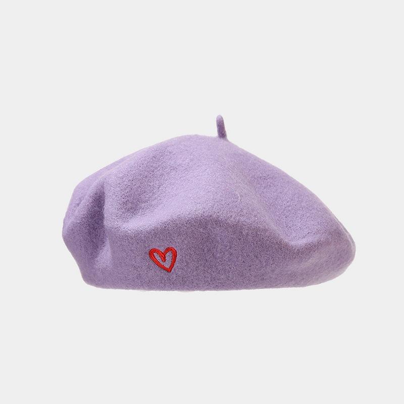 Beret Women's Trendy Retro Wool Love Heart Embroidered Painter's Hat Street Versatile Hat