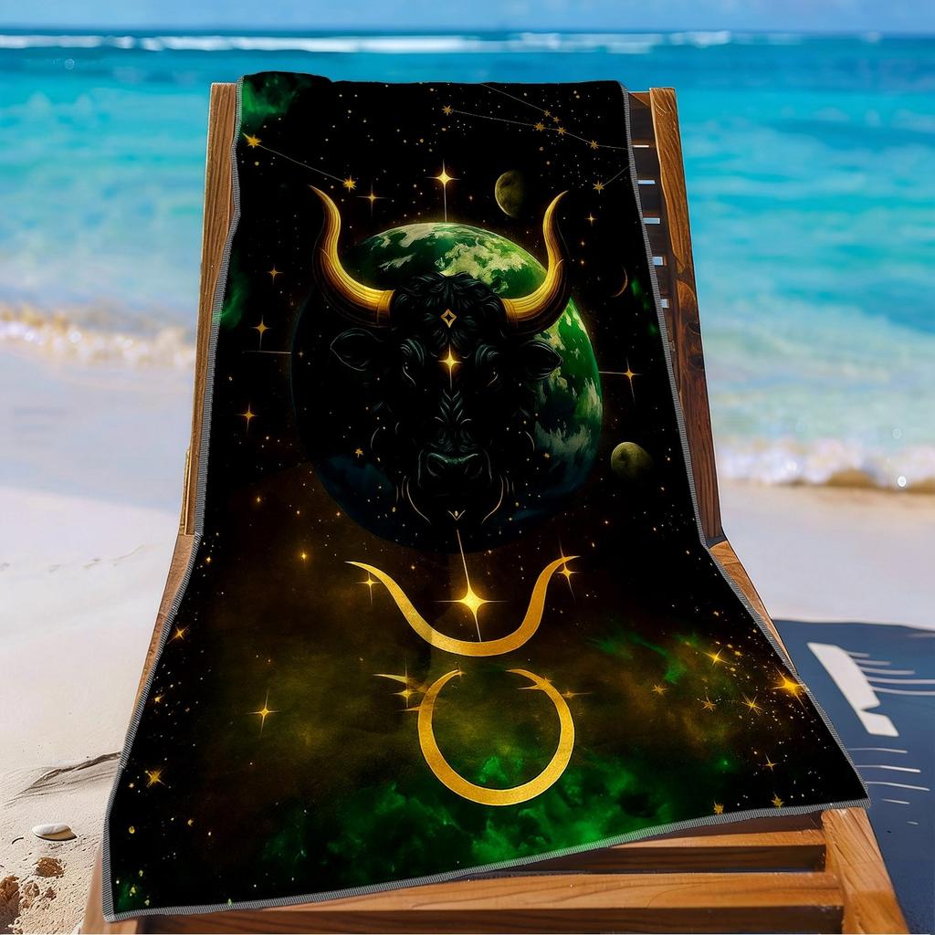 1Pc Taurus Zodiac Beach Towel Constellation Print Cosmic Bull Design Quick Dry Soft Microfiber Bath Towel For Astrology Fans