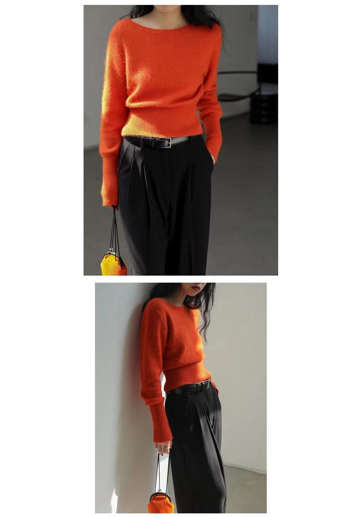 Women's High-Waisted 100% Wool Knit Sweater - Loose Fit, Slimming, Round Neck, Cashmere Base Layer for Autumn & Winter