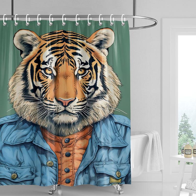 Artistic Tiger Print Shower Curtain Waterproof Bathroom Decorative Animal Theme Partition Curtain with 12 Hooks 240x180cm