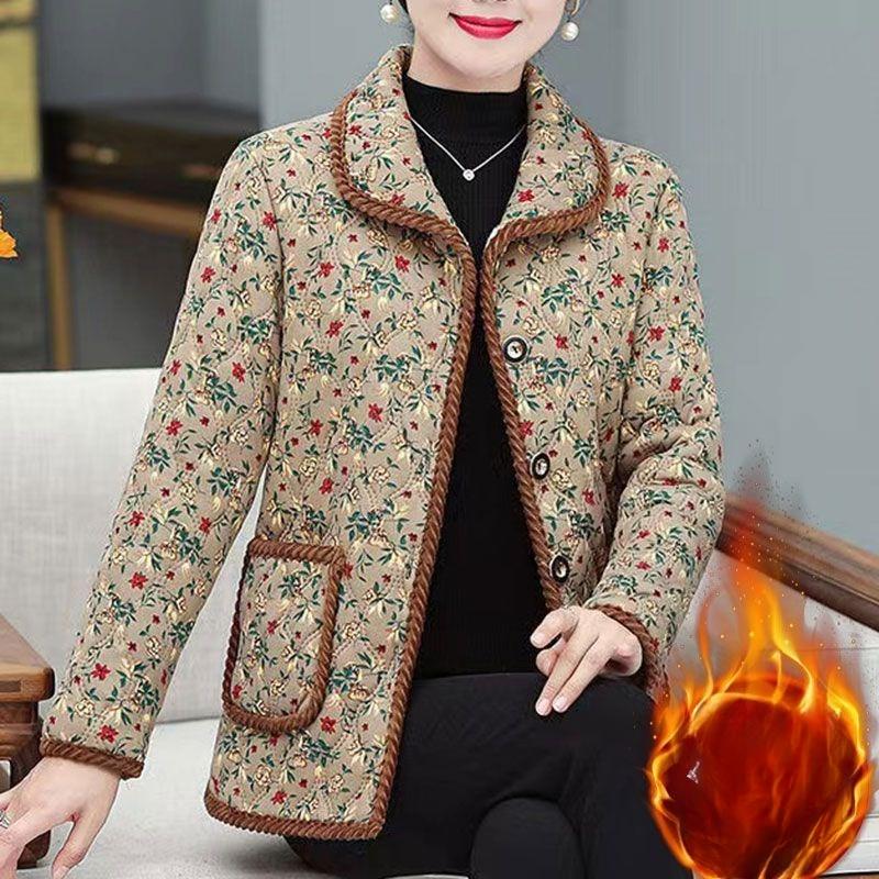 Middle-aged Women's Winter Warm Long-sleeved Plus Velvet Home Jacket Autumn and Winter New Thickened All-match Floral Cotton Jacket