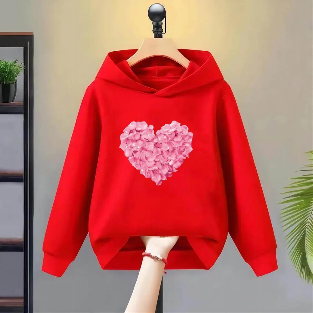 Black Children‘s Hoodie Autumn Winter Warm Clothes Sets For Girls Heart Print Top Coat Daily Causal Sports Loose Lounge Wear