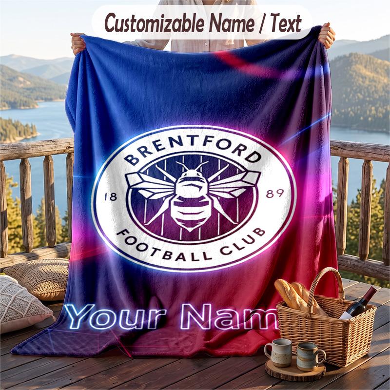 Flannel Blanket Brentford Football Print Custom Name Text Soft Throw for Sofa Bed