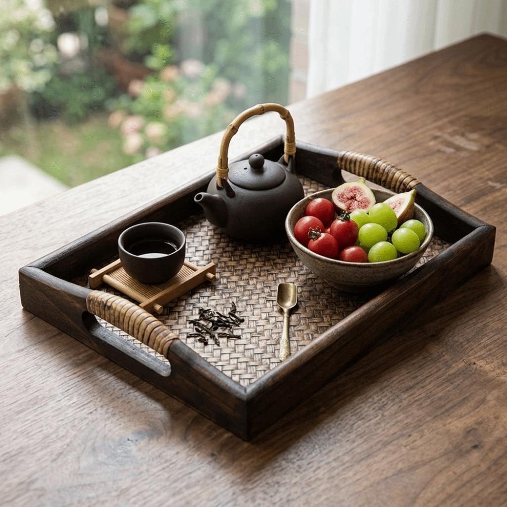 Breathable Hollow Tea  Tray Wooden Fruit Tray Eco Friendly Weave Tray  Tea Room