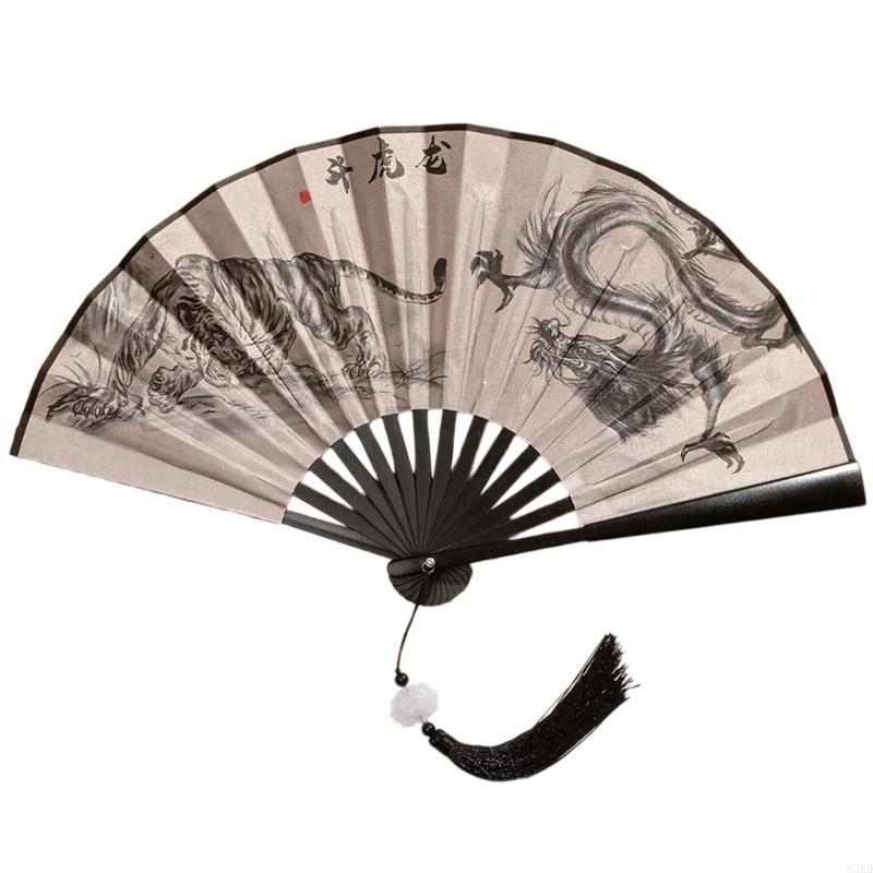 62KD Handhelds Folding Fan Elegant Chinese Vintage Painting Double Sided Hand Fan with Tassels for Dance Home Decorations