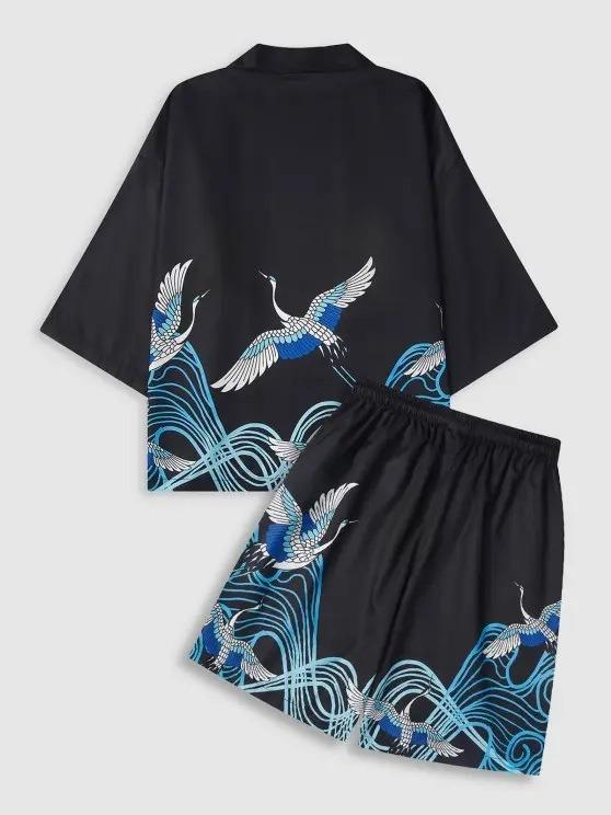 2026 New national style Hawaiian vacation ukiyo-e painted seven-quarter-sleeved Taoist robe 3D printed carp kimono cape