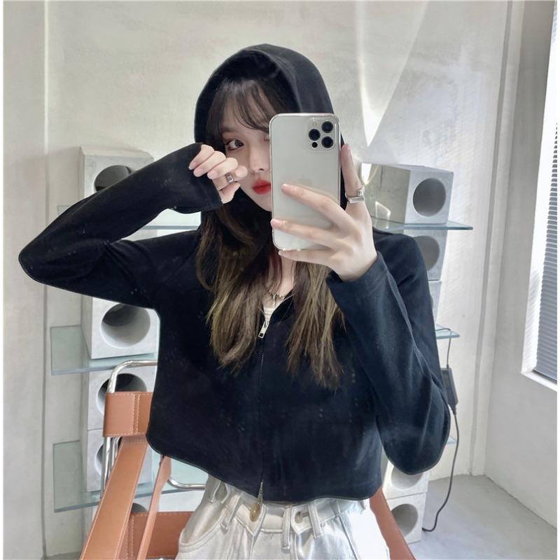 cc hooded cardigan sweater women's thin zipper short cotton top jacket support