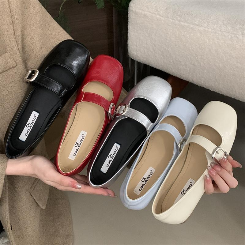 Fashion IPPEUM Mary Janes Shoes Black Women Ballet Flats Silver Buckle PU Leather Ballerinas Zapatos Mujer