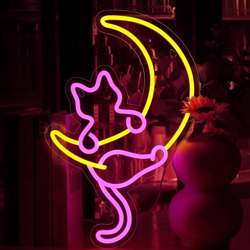 Anime Cat & Moon Neon Sign Personalized Neon Signs for Room Wall Decor LED Night Lights Home Decor Lights Gift for Girls Boys