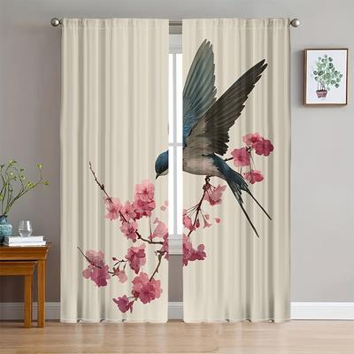 2pc Nature Floral Cherry Blossom Bird Pattern Curtain Drapes for Living Room Window Home Decor Spring Aesthetic Wall Art