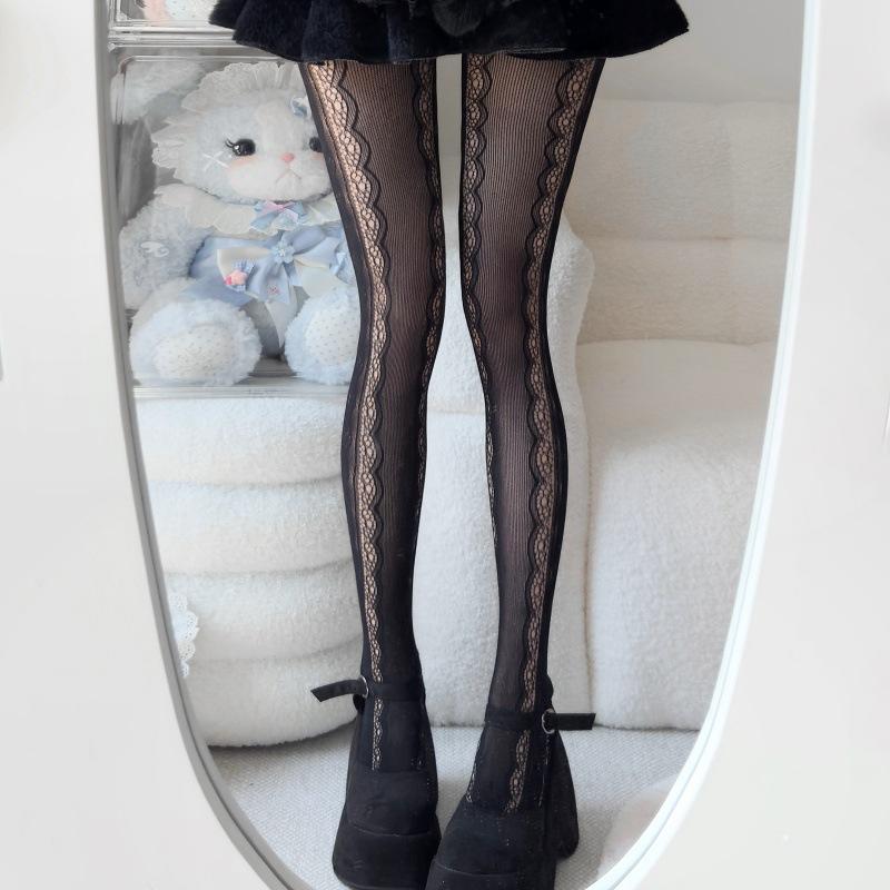 

New Women Lolita Lace Jacquard Pantyhose Side Hollow Out Heart Pattern Tights High Stockings Japanese Style Jk One Size