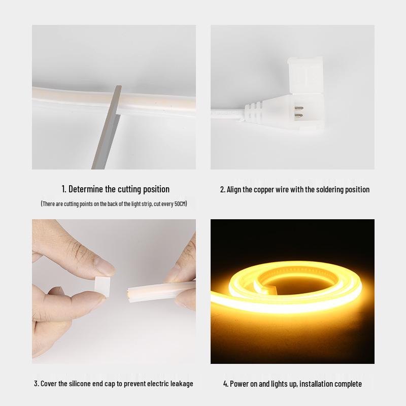 220V High CRI COB LED Strip: Waterproof, Flexible Silicone, IP65 for Living Room & Outdoor Use