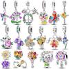 Brilliant Colorful Flower Charm Beads Copper Bellflower Tulip Rose Dangle Fit Original Bangle Bracelet Diy Jewelry