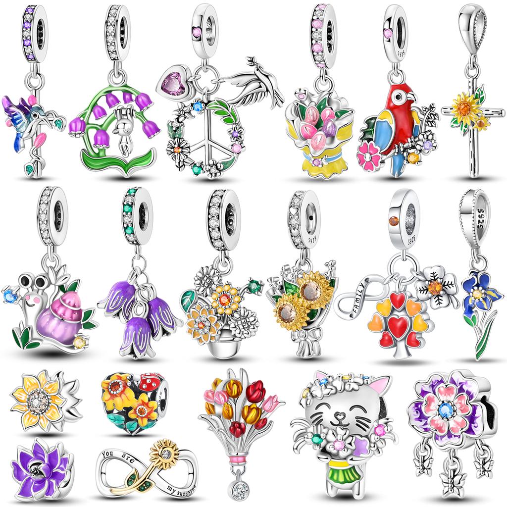 Brilliant Colorful Flower Charm Beads Copper Bellflower Tulip Rose Dangle Fit Original Bangle Bracelet Diy Jewelry