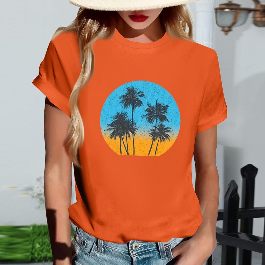 Women's Fashionable Round Neck Casual Retro Print Short Sleeved T-shirt Top