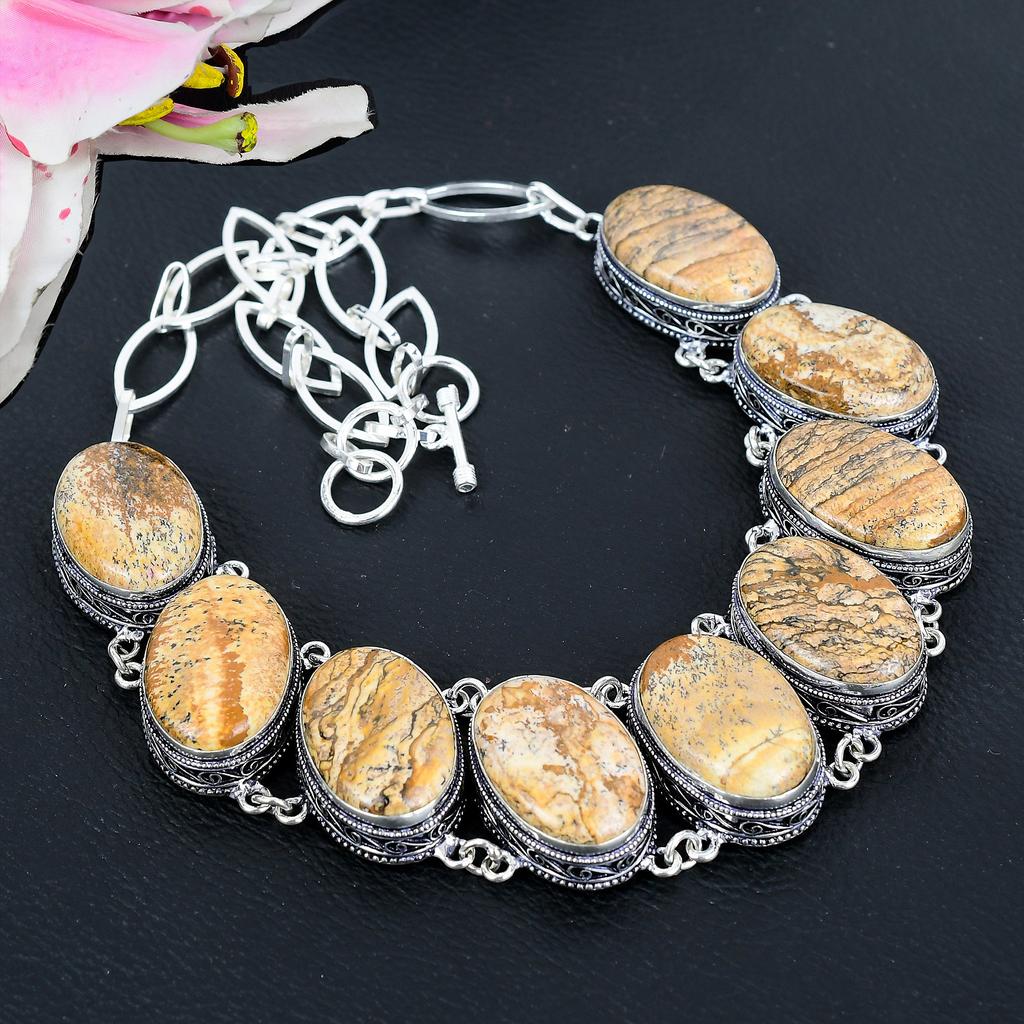 Picture Jasper Gemstone Handmade 925 Sterling Silver Jewelry Necklace 18" KG-1633